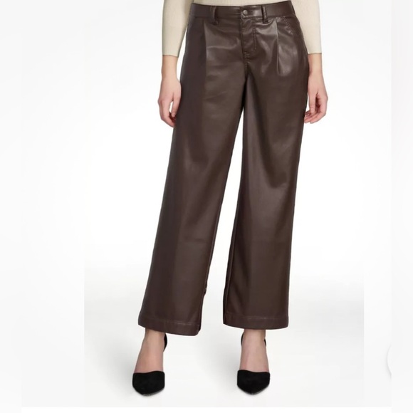 New Time And Tru Women’s Brown Faux Leather Hog Rise Wide Leg Trousers Size 14 - Picture 1 of 9